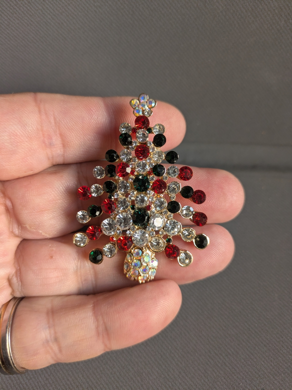 Festive Crystal Christmas Tree Brooch - Red, Green & Clear